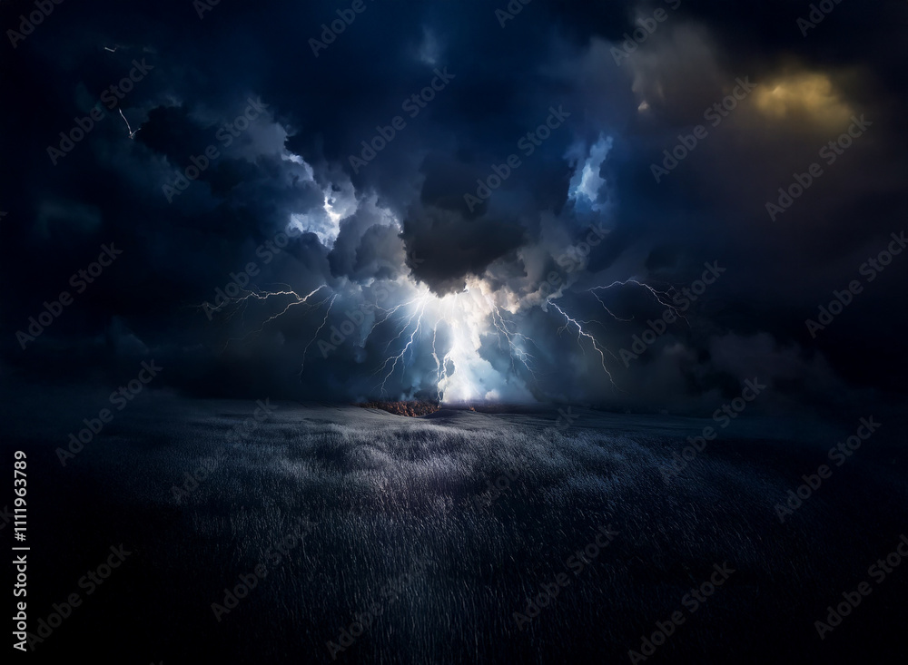 A dramatic, dark landscape is illuminated by intense lightning striking from a stormy sky. The scene evokes feelings of power and awe. A dramatic, dark landscape is illuminated by intense lightning striking from a stormy sky. The scene evokes feelings of power and awe.