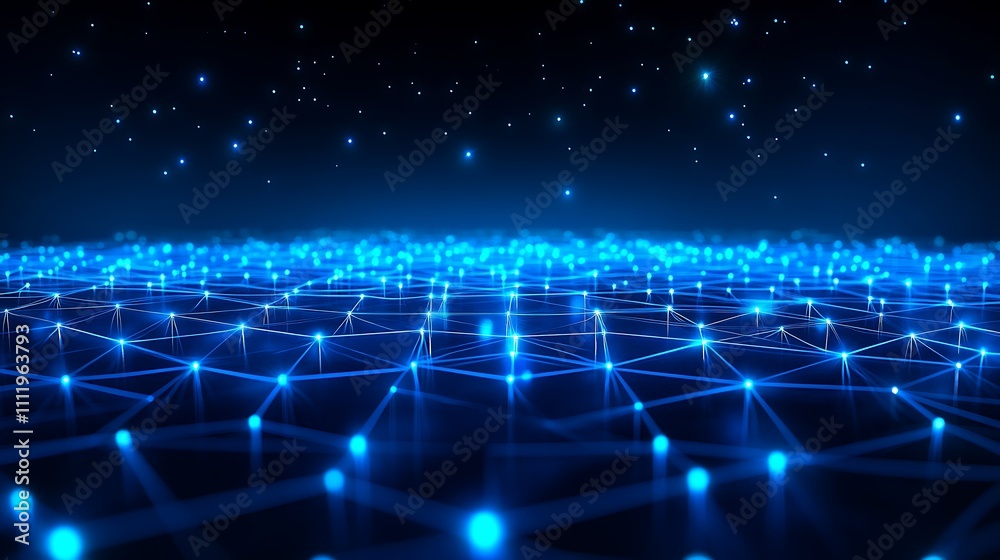 Fototapeta premium Abstract Digital Landscape with Glowing Blue Lines and Dots on Dark Background for Futuristic Conceptual Use