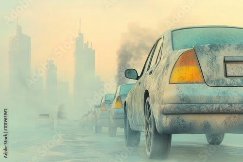 Car exhaust under smoggy sky, urban pollution, representing transportations environmental impact