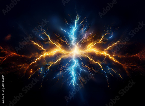 A mesmerizing display of vibrant, crackling energy. Blue and orange electrical currents collide and intertwine, creating a striking, symmetrical pattern against a dark backdrop. The image evokes fee