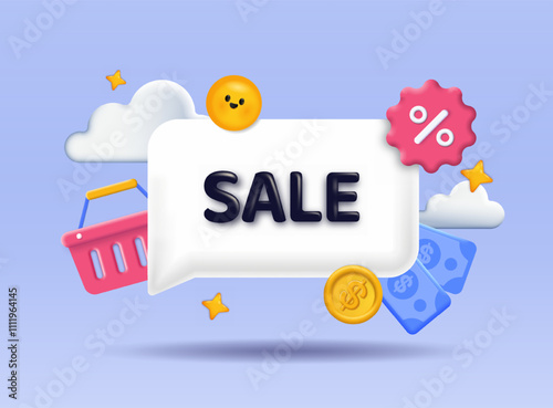 3D sale banner. Emoji, banknotes, shopping cart, 50 percents. Discounts and promotions. Special limited offer for regular customers. Isometric vector illustration