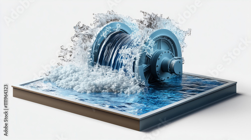 3D icon of a water turbine, generating clean energy, with a white plain background.
