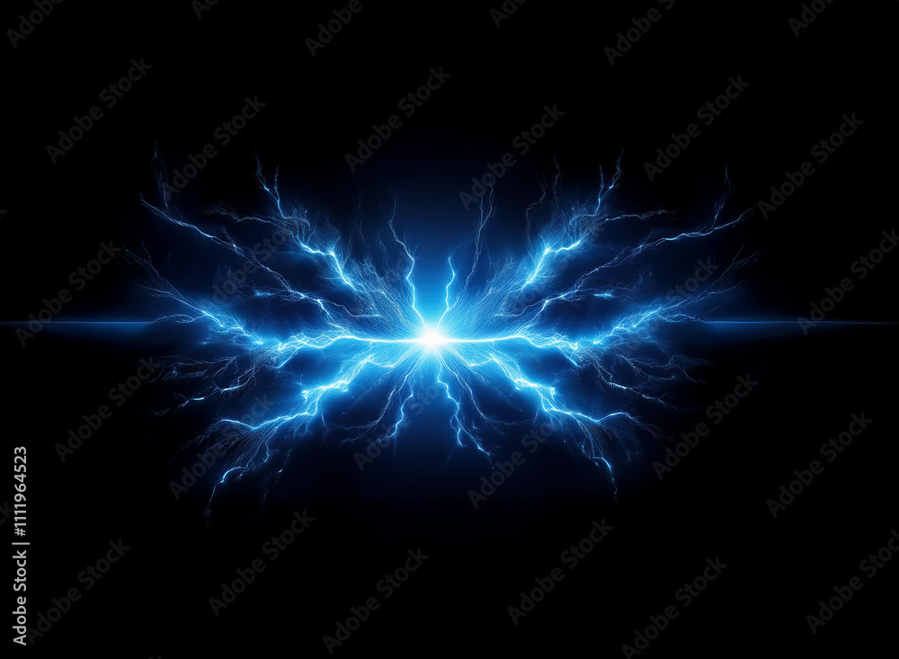 Glowing blue energy bursts form a symmetrical, butterfly-like shape against a black background. The electric light emanates from a central point, creating a striking visual. Glowing blue energy bursts form a symmetrical, butterfly-like shape against a black background. The electric light emanates from a central point, creating a striking visual.