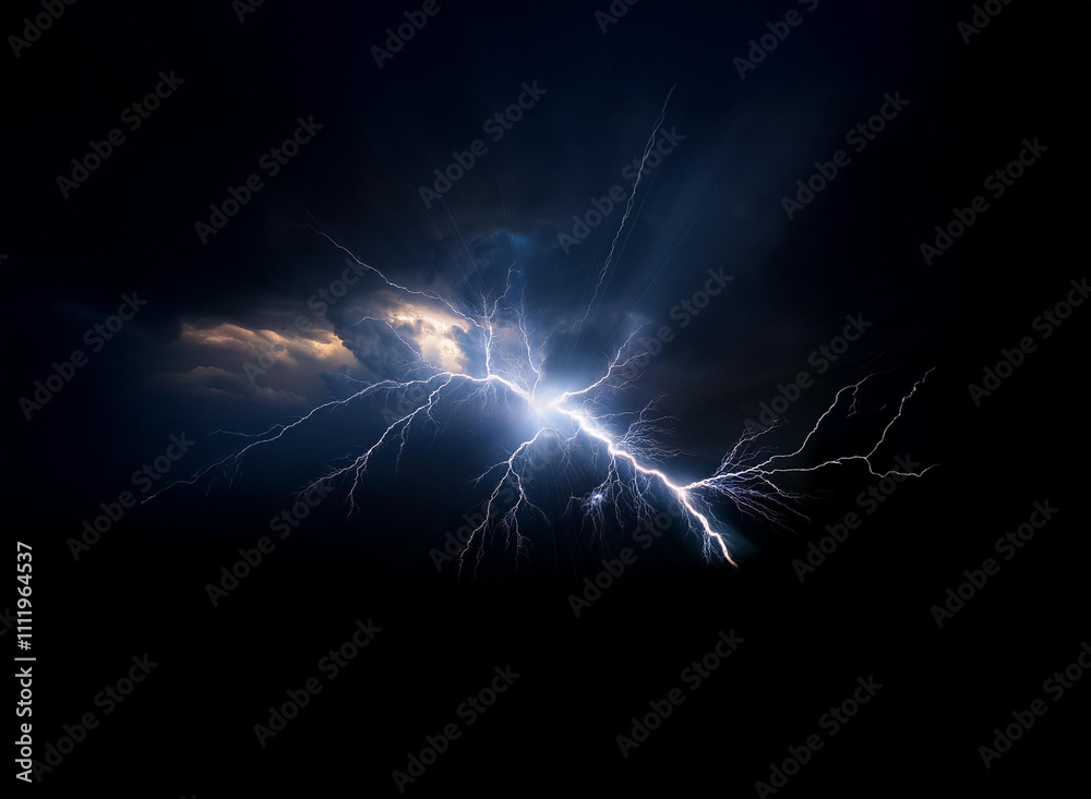 A powerful lightning bolt illuminates the dark night sky, branching out from a stormy cloud. The bright flash contrasts sharply with the surrounding darkness. A powerful lightning bolt illuminates the dark night sky, branching out from a stormy cloud. The bright flash contrasts sharply with the surrounding darkness.