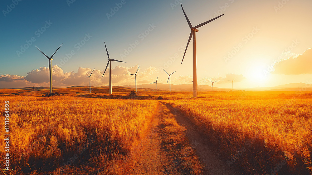 Obraz premium sunset above the spring landscape with wind turbines
