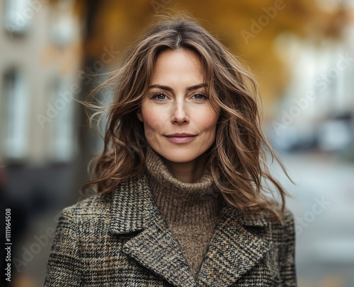 Portrait of beautiful woman in winter coat posing on street against background of buildings and city.