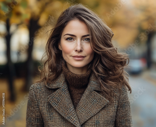 Portrait of beautiful woman in winter coat posing on street against background of buildings and city.