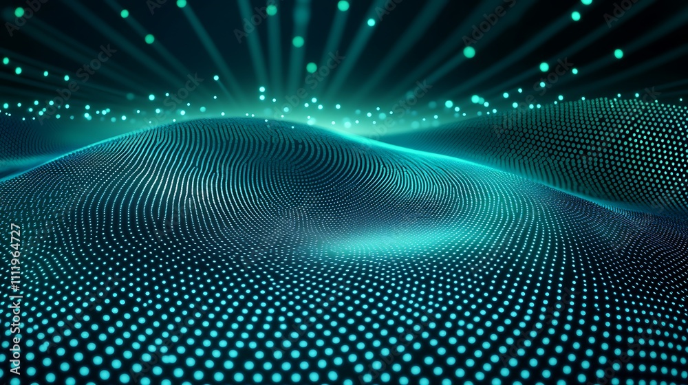 Abstract digital landscape with glowing particles and wave patterns in turquoise and black colors Abstract digital landscape with glowing particles and wave patterns in turquoise and black colors