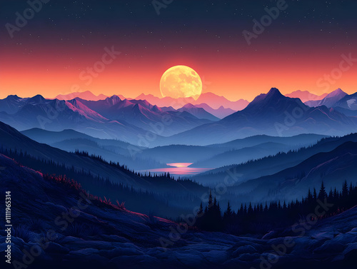 Sunset Mountains: Moonlit Lake View at Dusk