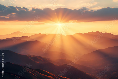 Golden Sunset Rays Illuminate Mountain Peaks