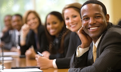 A group of business people sitting at a table, smiling. One Black man in a grey suit with a blue tie and a yellow pen in his hand