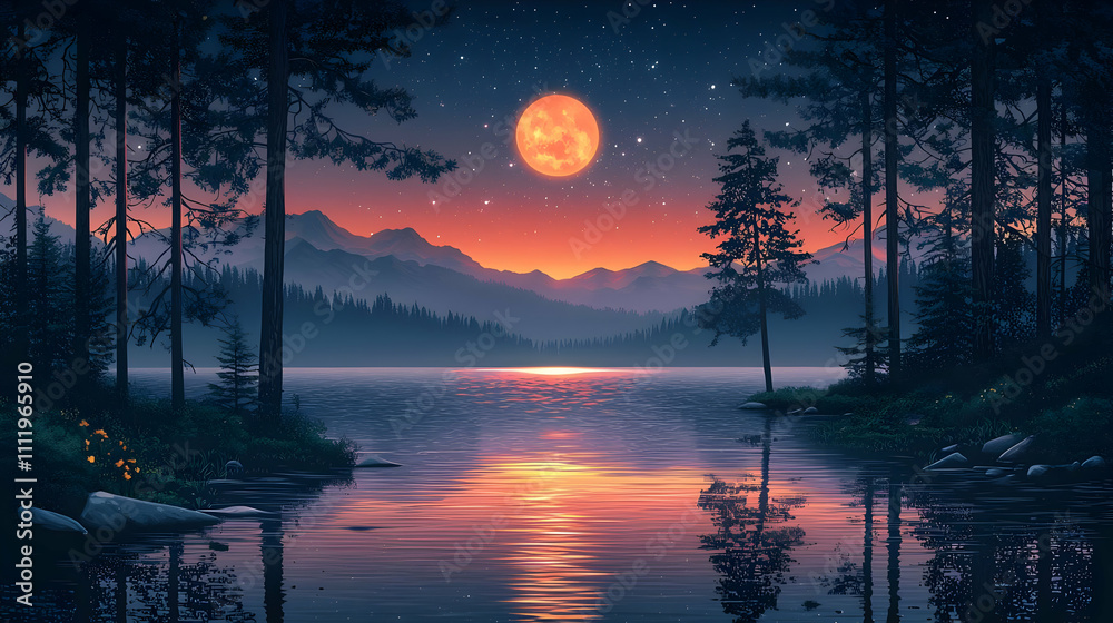 Lake Sunset: Mountains, Moon, & Stars Night