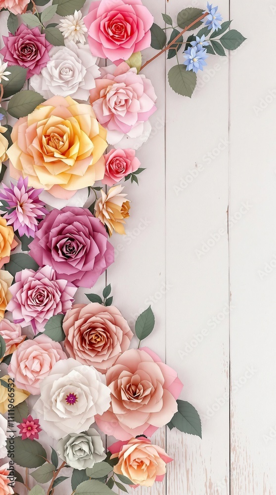 Obraz premium A collection of colorful paper roses in various sizes and colors on a rustic wooden table, eclectic mix, garden party, paper flowers