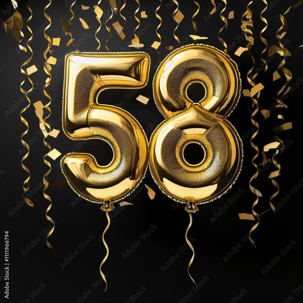Gold birthday / anniversary balloon, number 58, black background with confetti Gold birthday / anniversary balloon, number 58, black background with confetti