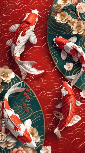 Vibrant Koi Carp Swimming Gracefully Amidst Blossoms in Ornate Waterscape with Red Hues