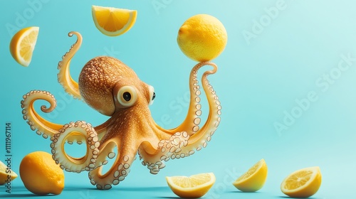 An octopus juggling lemons against a blue background. photo