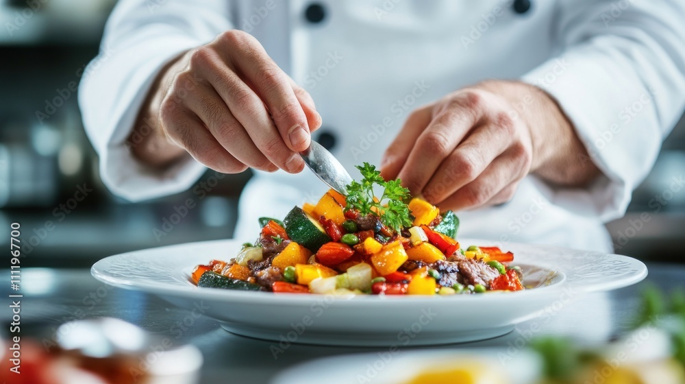 Chef Finishing Dish in Restaurant Kitchen Chef Finishing Dish in Restaurant Kitchen