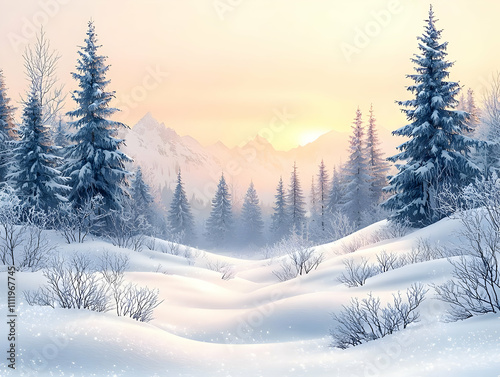 Winter Sunrise: Snowy Mountains & Trees