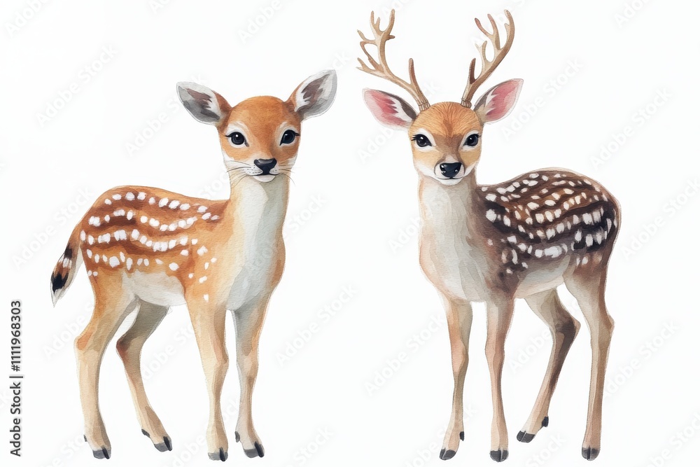 Two illustrated deer, one fawn and one buck, showcasing their distinct features. Two illustrated deer, one fawn and one buck, showcasing their distinct features.