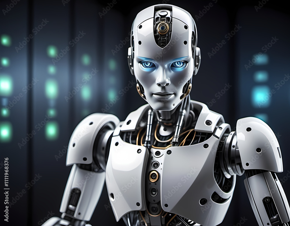 A humanoid robot aligning real-time global data streams with precision tools. Generative AI A humanoid robot aligning real-time global data streams with precision tools. Generative AI