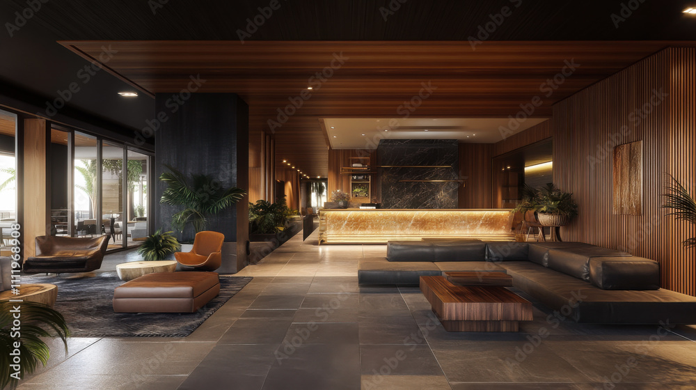 Modern interior design of a cozy lounge area with warm lighting and rich materials in an upscale urban setting Modern interior design of a cozy lounge area with warm lighting and rich materials in an upscale urban setting