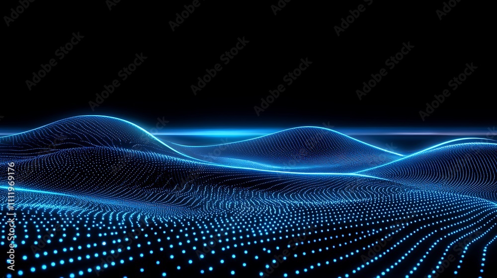 Abstract futuristic wave landscape with glowing blue lines and dots against a black background in modern digital art Abstract futuristic wave landscape with glowing blue lines and dots against a black background in modern digital art