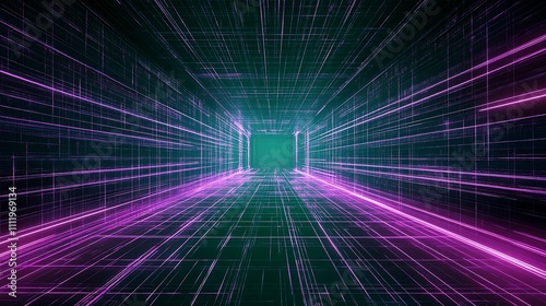 Abstract futuristic tunnel with glowing lines in motion  modern digital art  neon colors and perspective view