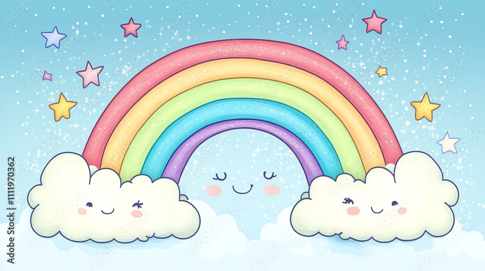 A colorful rainbow with a smiling face with clouds and stars. A colorful rainbow with a smiling face with clouds and stars.