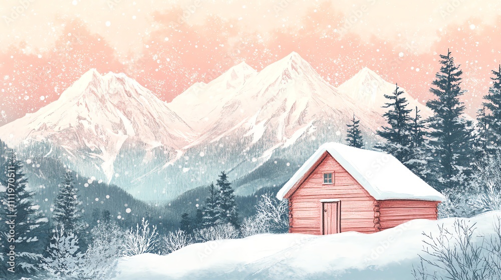 Fototapeta premium A picturesque winter scene with a cozy cabin nestled in a snowy mountain landscape.