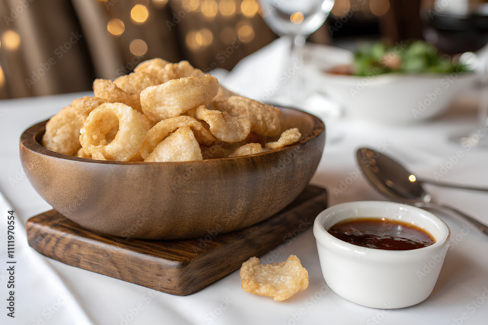 Golden brown pork rinds in rustic wooden bowl overflowing with crispy, savory dipping sauce nearby Golden brown pork rinds in rustic wooden bowl overflowing with crispy, savory dipping sauce nearby