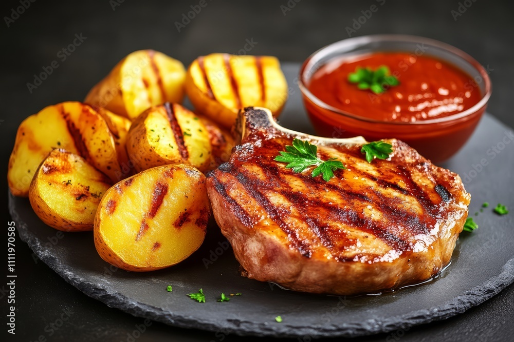 Grilled pork chop served with golden roasted potatoes and a side of tangy dipping sauce, garnished with fresh herbs on a black slate plate. Grilled pork chop served with golden roasted potatoes and a side of tangy dipping sauce, garnished with fresh herbs on a black slate plate.