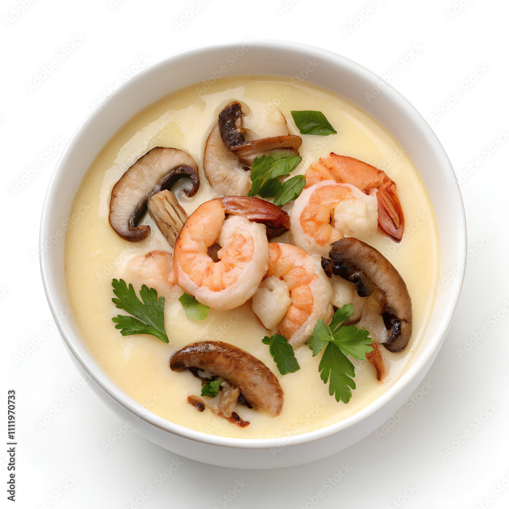 Top view - A bowl of steamed egg custard with shrimp, shiitake mushrooms placed on isolated white background, Clipping path Top view - A bowl of steamed egg custard with shrimp, shiitake mushrooms placed on isolated white background, Clipping path