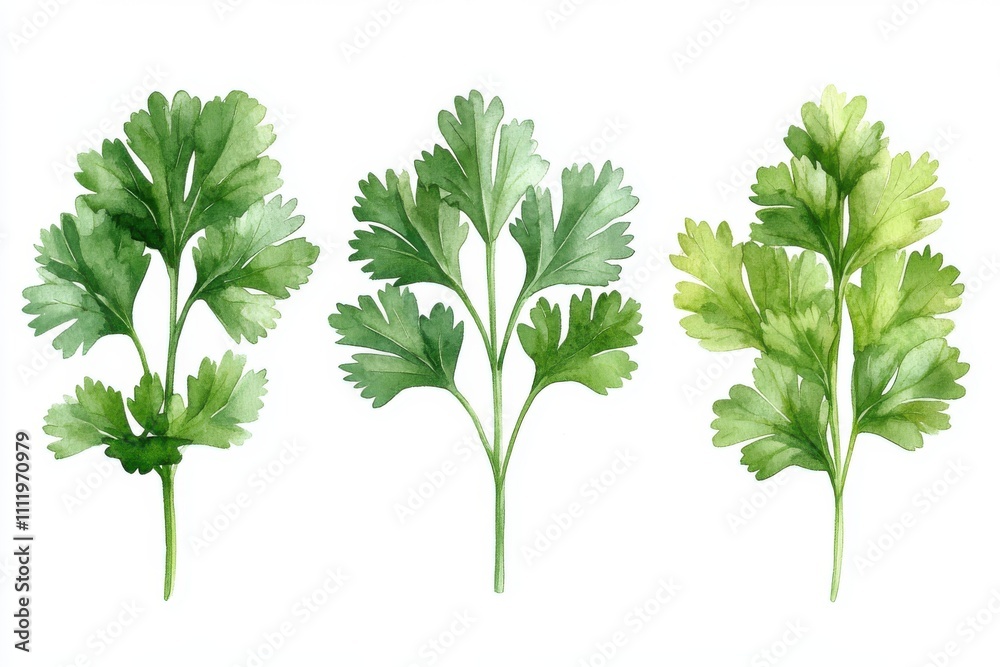 Watercolor illustration of cilantro leaves in varying shades of green. Watercolor illustration of cilantro leaves in varying shades of green.