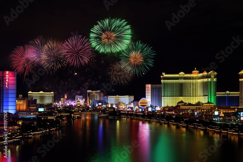 Vibrant fireworks over las vegas skyline at night