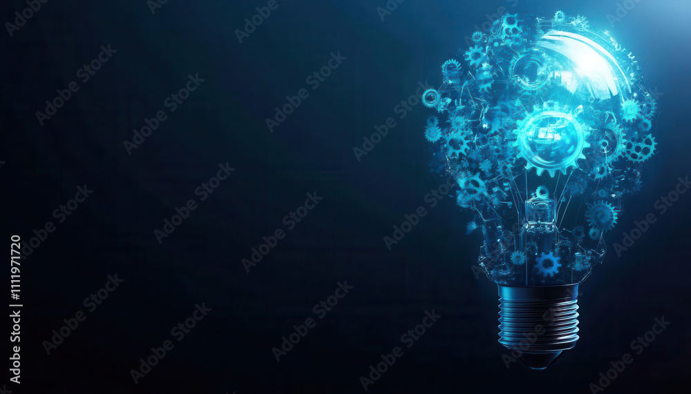 Lightbulb made of interconnected gears and icons representing business and creativity, complex ideas, mechanical creativity in business