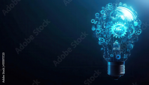 Obraz na płótnie Lightbulb made of interconnected gears and icons representing business and creativity, complex ideas, mechanical creativity in business w salonie