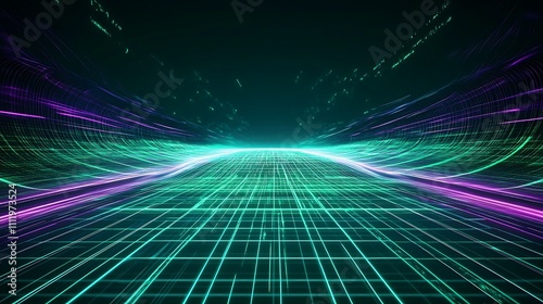 Futuristic Abstract Digital Landscape with Flowing Lines and Grids in Neon Colors for Sci-Fi Themes