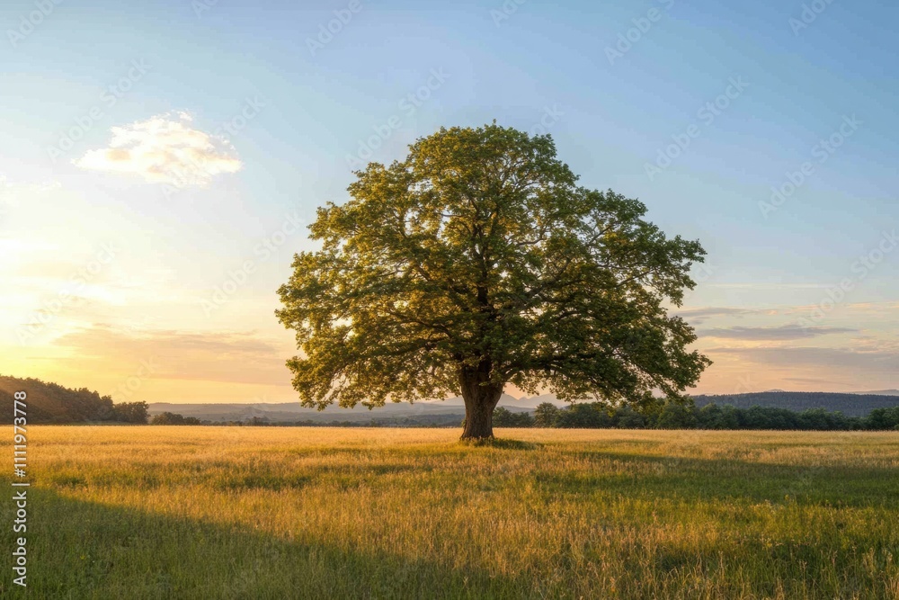 Fototapeta premium A solitary tree dominates a vast open field, basking in the warm hues of a sunset, providing plenty of space for additional text or graphics. Generative AI