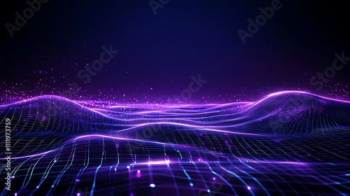 Futuristic Abstract Digital Landscape with Glowing Waves and Particles in Purple and Blue Tones