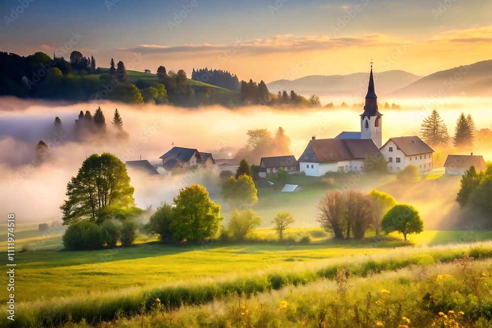 Fototapeta premium Foggy Landscape Backgrounds - Nature, Cities, and Village Scenes in Mist,Featuring soft, misty textures, and atmospheric details