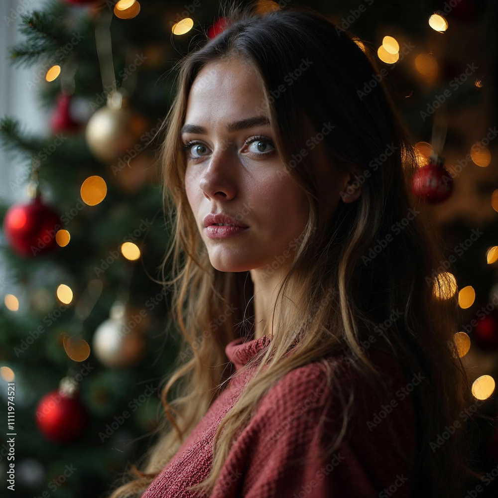 a woman in a red shirt stands in front of a christmas tree a woman in a red shirt stands in front of a christmas tree