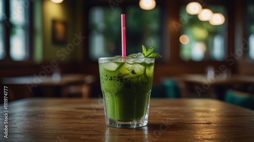 Close up and selcetive focus two glasses of iced matcha green tea on wooden table in cafe photo