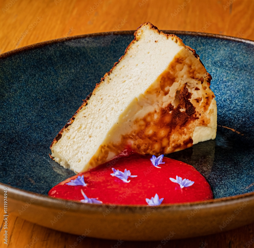 Fotografie cheesecake with strawberry sauce closeup