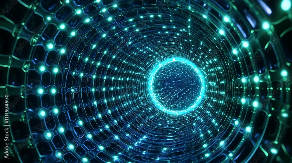 Fototapeta premium Futuristic abstract tunnel with glowing neon lights and intricate geometric patterns, evoking a digital vortex