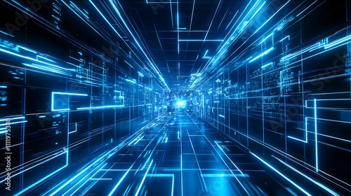 Futuristic Blue Data Tunnel with Neon Lines and Grid Patterns for Technology and Science Fiction Themes