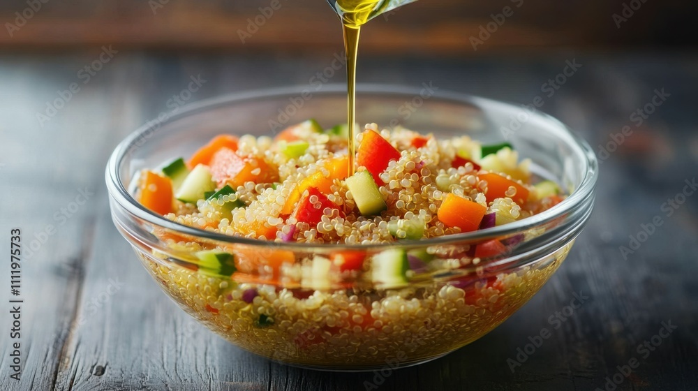 A bowl of quinoa salad with diced vegetables and a drizzle of olive oil, capturing health in a bowl, Generative AI A bowl of quinoa salad with diced vegetables and a drizzle of olive oil, capturing health in a bowl, Generative AI