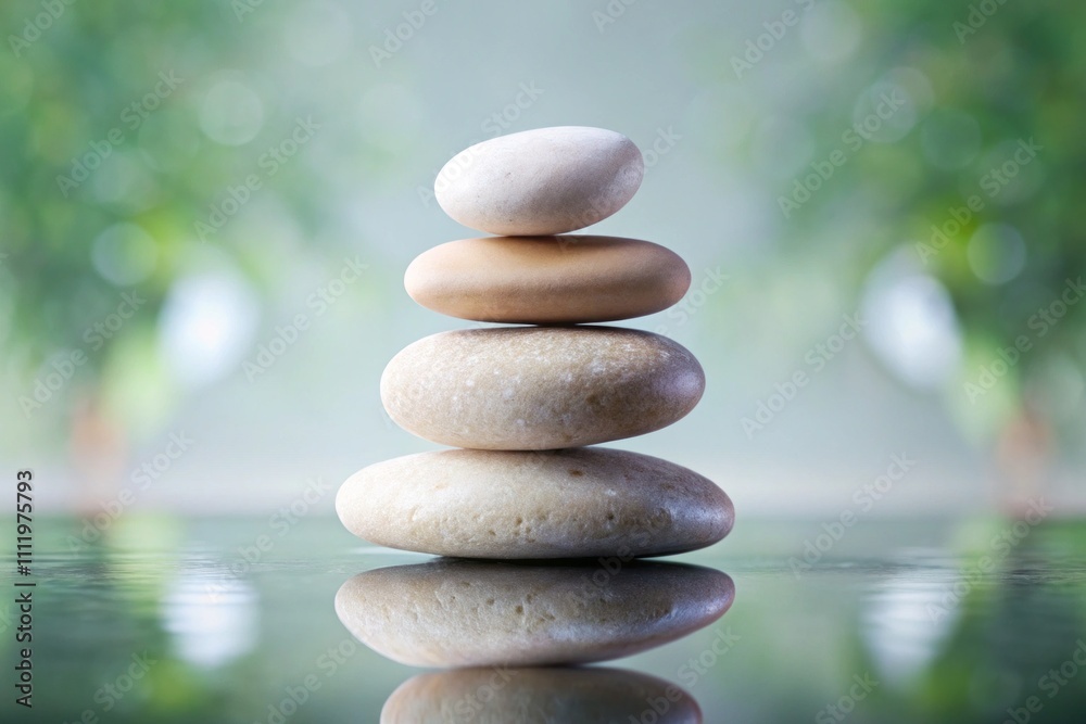Serene Stack of Four Massage Stones Balanced in a Tower on a Background Emphasizing Tranquility and Zen Aesthetics for Wellness and Spa Themes Serene Stack of Four Massage Stones Balanced in a Tower on a Background Emphasizing Tranquility and Zen Aesthetics for Wellness and Spa Themes
