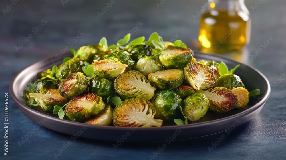 A plate of roasted Brussels sprouts with olive oil, arranged artfully on a dark plate, Generative AI A plate of roasted Brussels sprouts with olive oil, arranged artfully on a dark plate, Generative AI