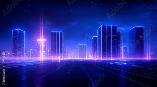 Futuristic City Skyline at Night with Neon Lights and Dark Atmosphere Featuring Digital Architecture