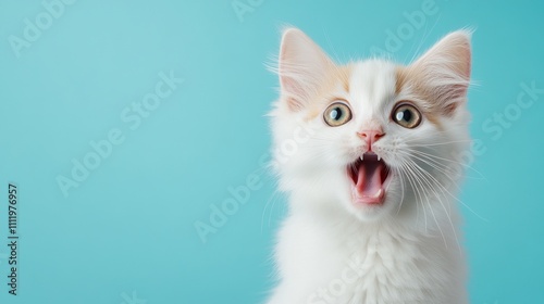 A surprised white kitten with bright blue eyes on a vibrant blue background. AI generated image